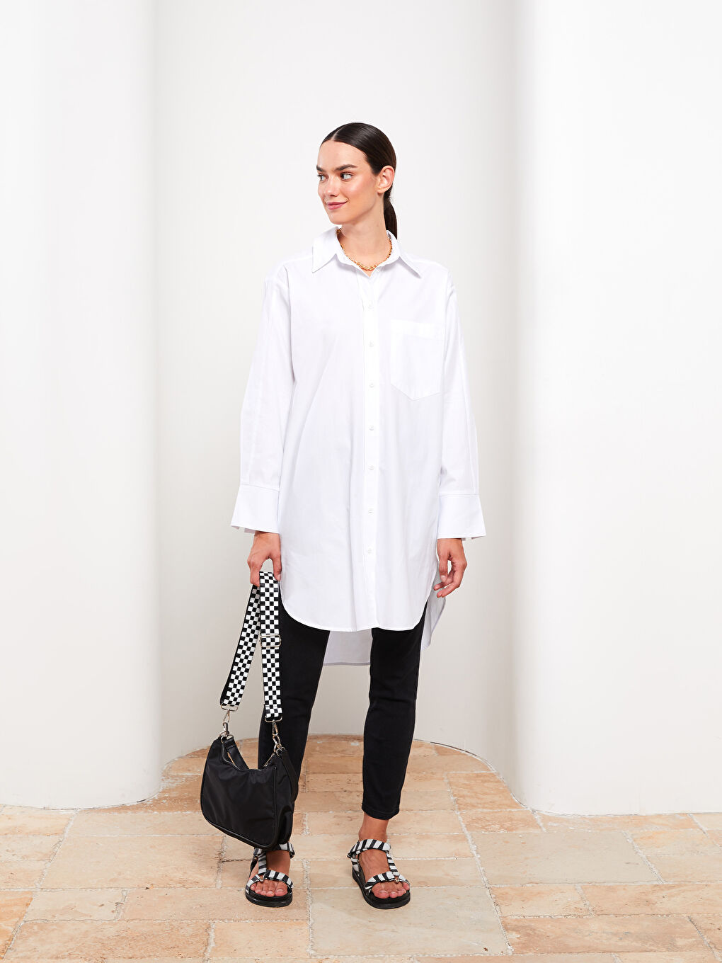 Beyaz Düz Uzun Kollu Oversize Poplin Kadın Gömlek Tunik