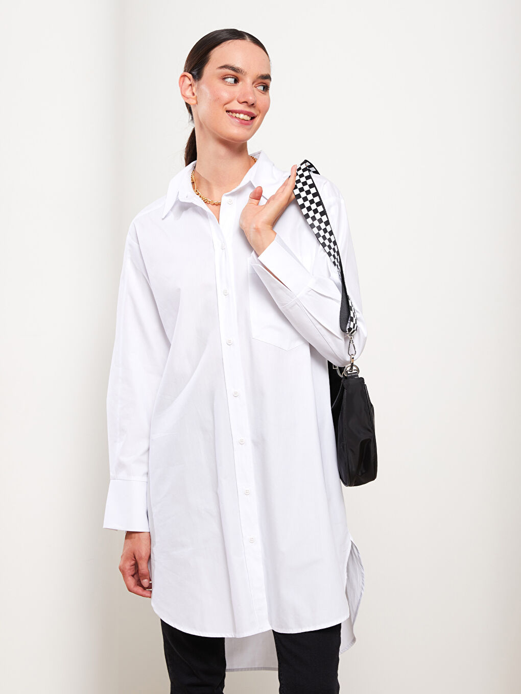 Beyaz Düz Uzun Kollu Oversize Poplin Kadın Gömlek Tunik-1