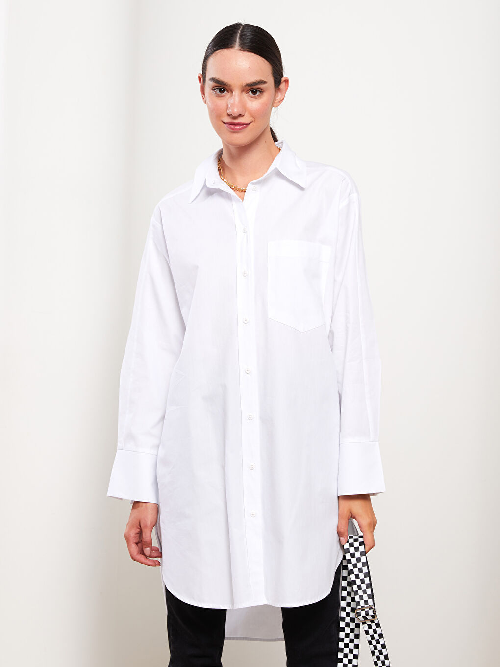 Beyaz Düz Uzun Kollu Oversize Poplin Kadın Gömlek Tunik-2