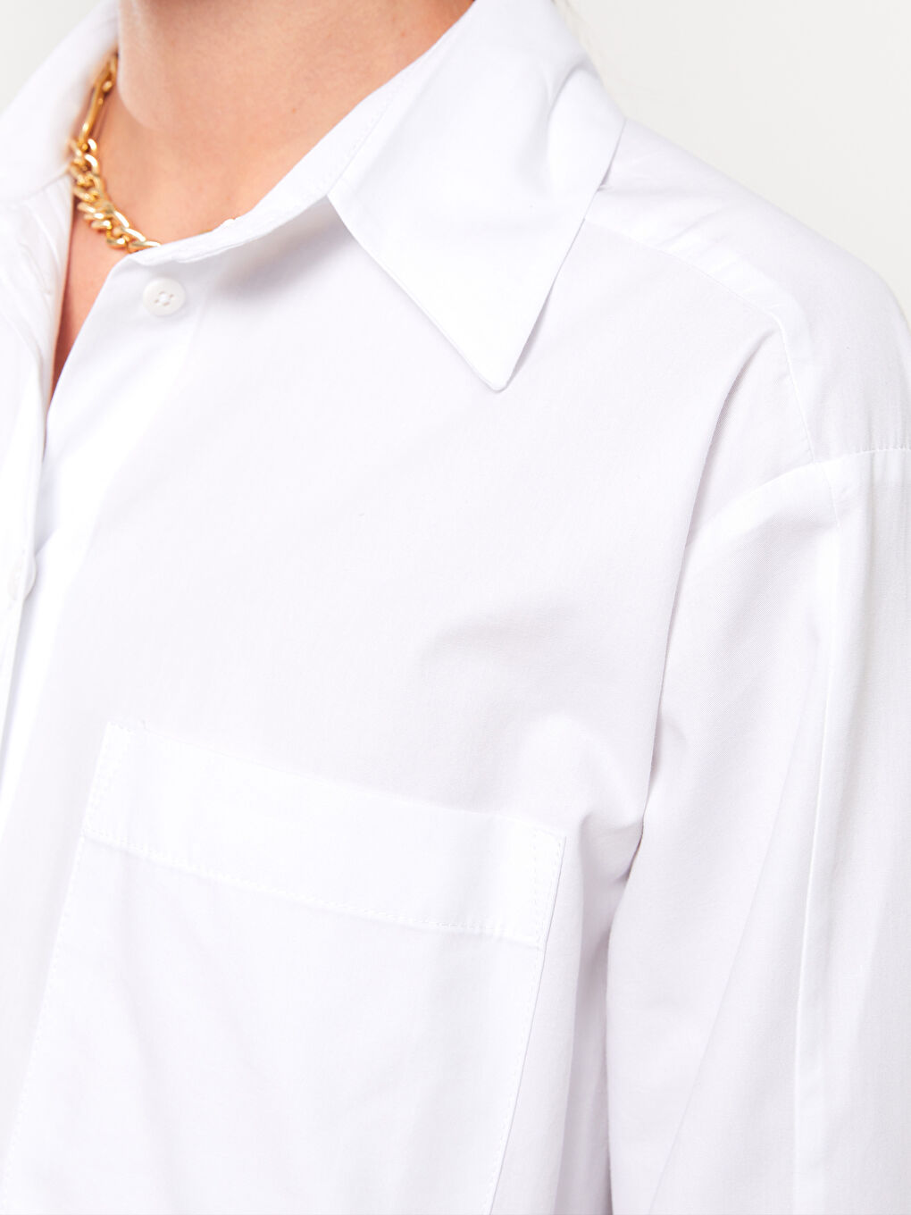 Beyaz Düz Uzun Kollu Oversize Poplin Kadın Gömlek Tunik-3