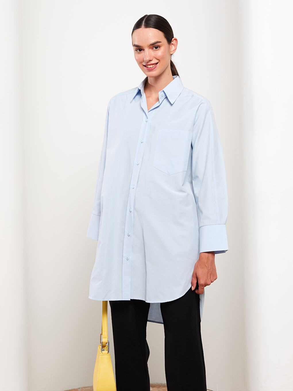 Mavi Düz Uzun Kollu Oversize Poplin Kadın Gömlek Tunik