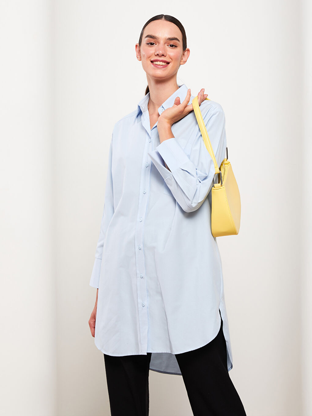 Mavi Düz Uzun Kollu Oversize Poplin Kadın Gömlek Tunik-1