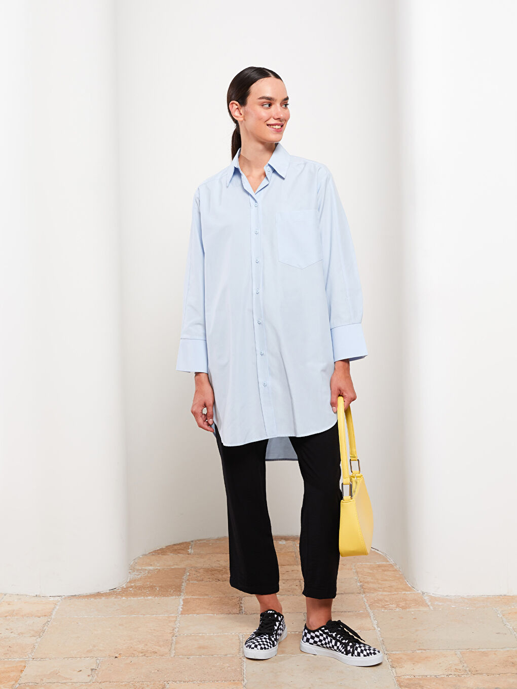 Mavi Düz Uzun Kollu Oversize Poplin Kadın Gömlek Tunik-2