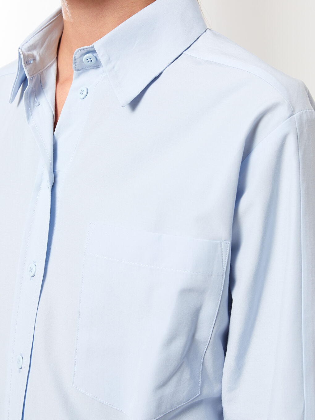 Mavi Düz Uzun Kollu Oversize Poplin Kadın Gömlek Tunik-3