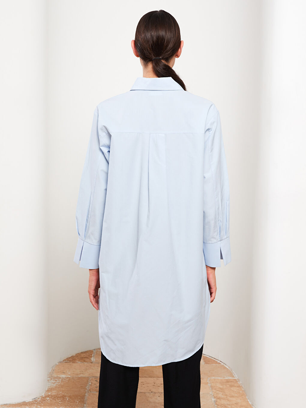 Mavi Düz Uzun Kollu Oversize Poplin Kadın Gömlek Tunik-4