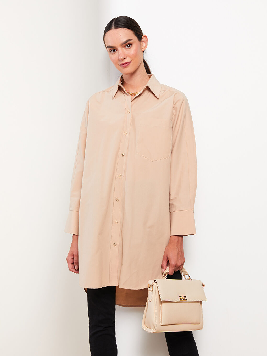 Tunique Chemise Pour Femmes Oversize À Manches Longues En Popeline Uni