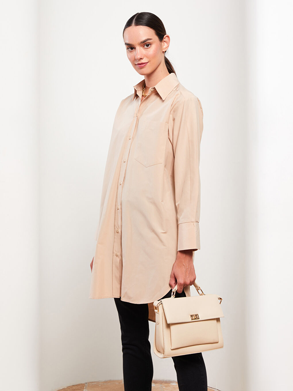 Tunique Chemise Pour Femmes Oversize À Manches Longues En Popeline Uni-1