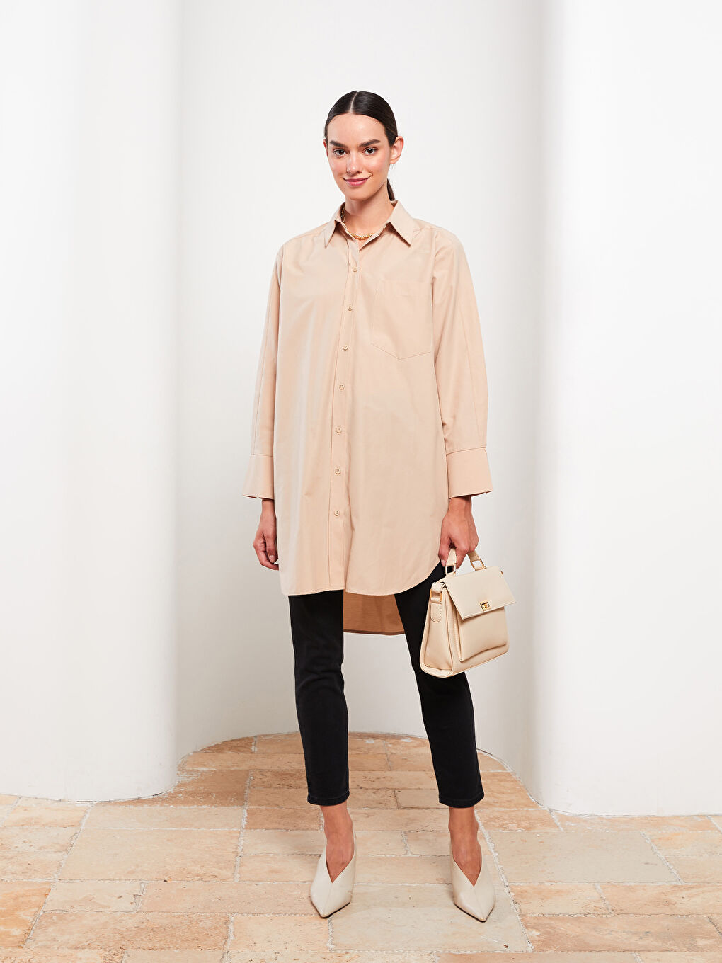 Tunique Chemise Pour Femmes Oversize À Manches Longues En Popeline Uni-2