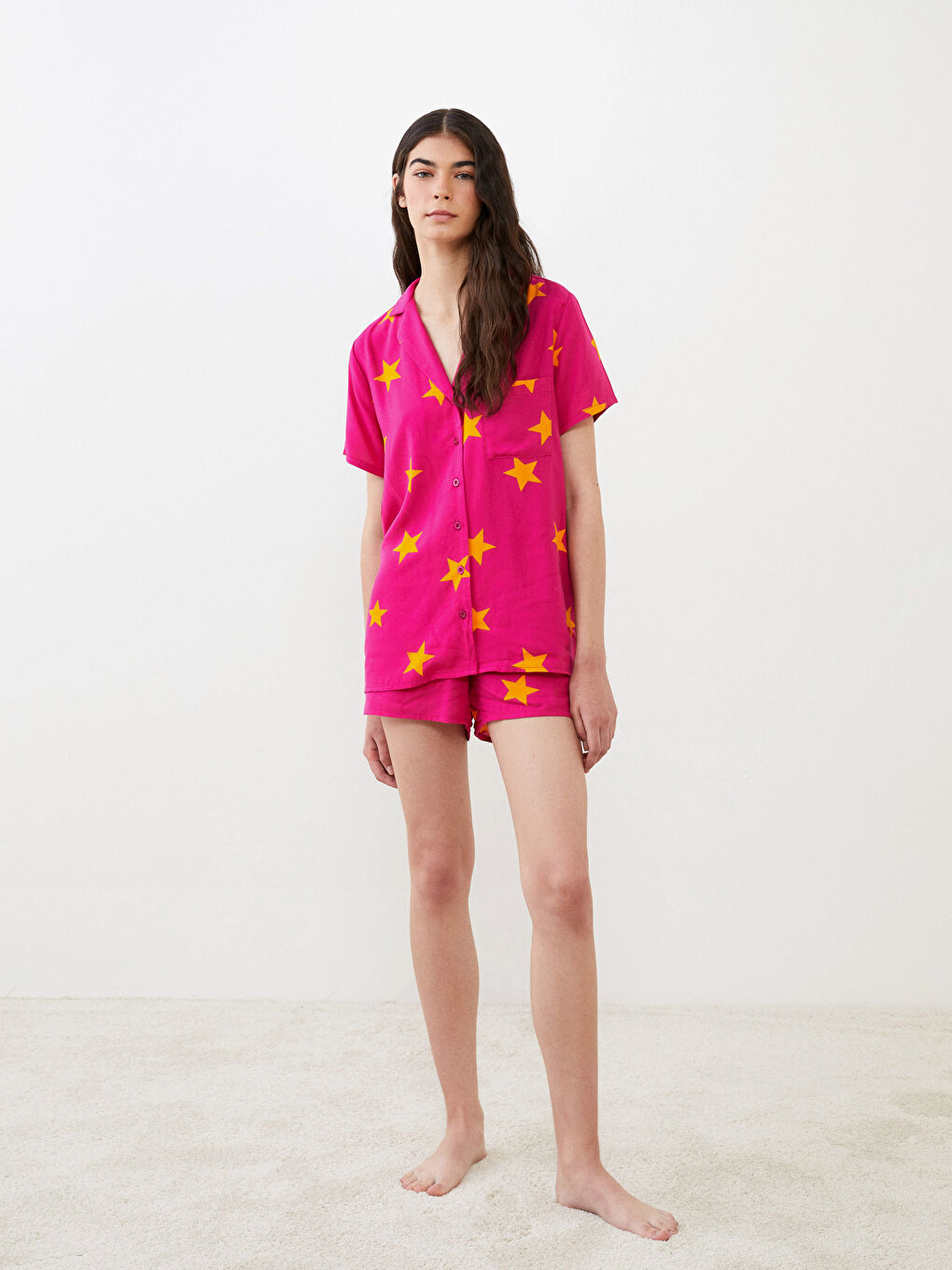Shirt Neck Patterned Short Sleeve Viscose Women's Pajama Set -S2LV70Z8-GZN