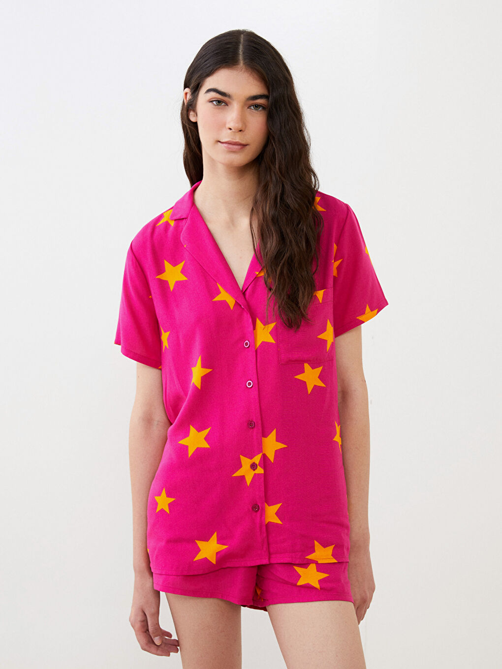 Shirt Neck Patterned Short Sleeve Viscose Women's Pajama Set -S2LV70Z8-GZN