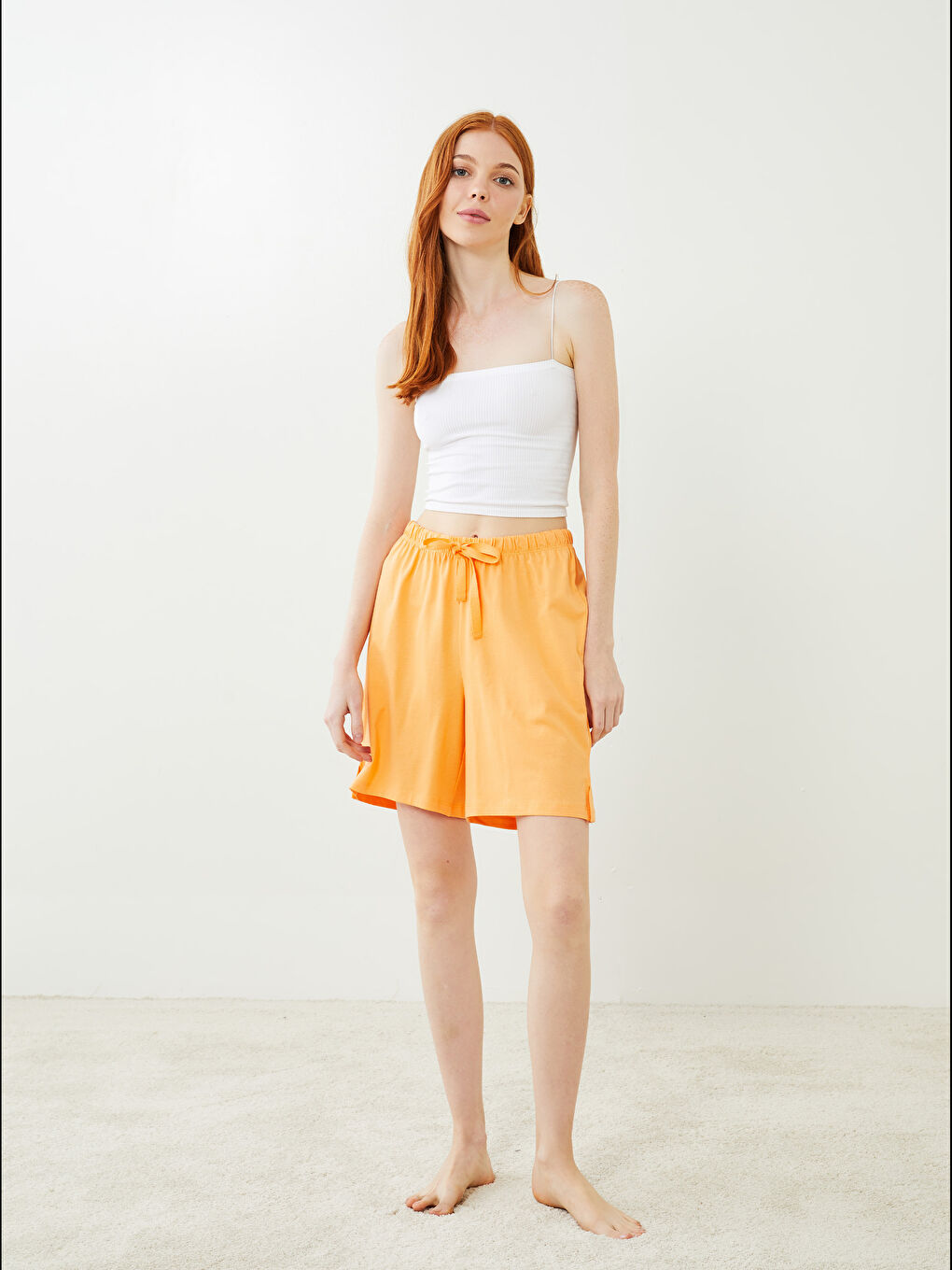 Turuncu Beli Lastikli Düz Pamuklu Kadın Pijama Alt