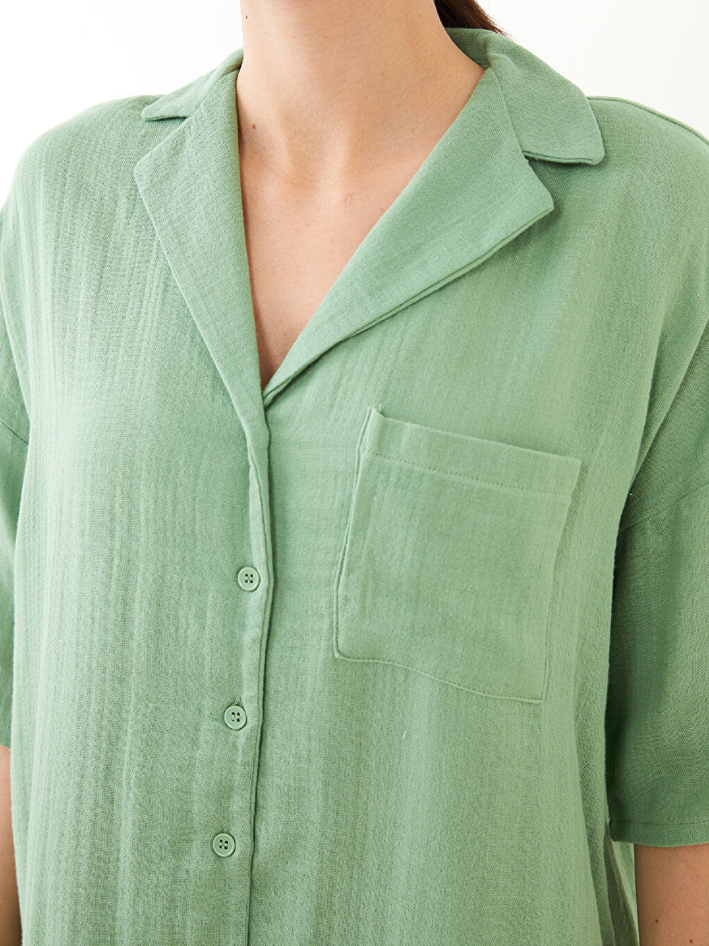 Yeşil Gömlek Yaka Düz Kısa Kollu Pamuklu Kadın Gecelik-3