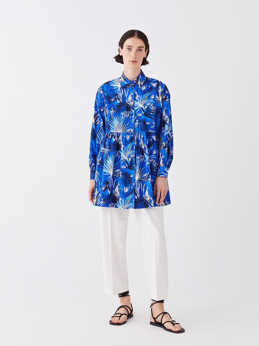 Tunique pour Femmes à Col de Chemise Imprimée Manches Longues en Popeline-1