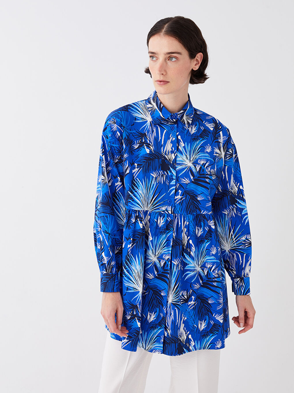 Tunique pour Femmes à Col de Chemise Imprimée Manches Longues en Popeline-3