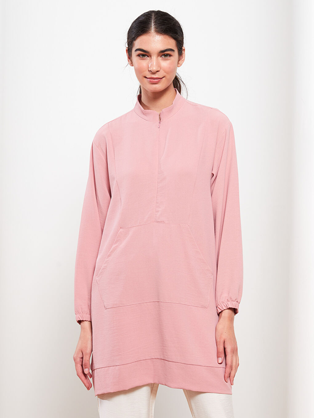 Pembe Hakim Yaka Düz Uzun Kollu Kadın Tunik