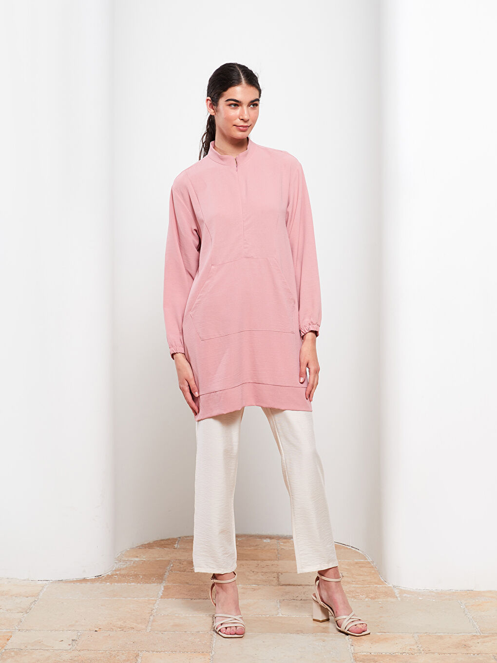 Pembe Hakim Yaka Düz Uzun Kollu Kadın Tunik-2