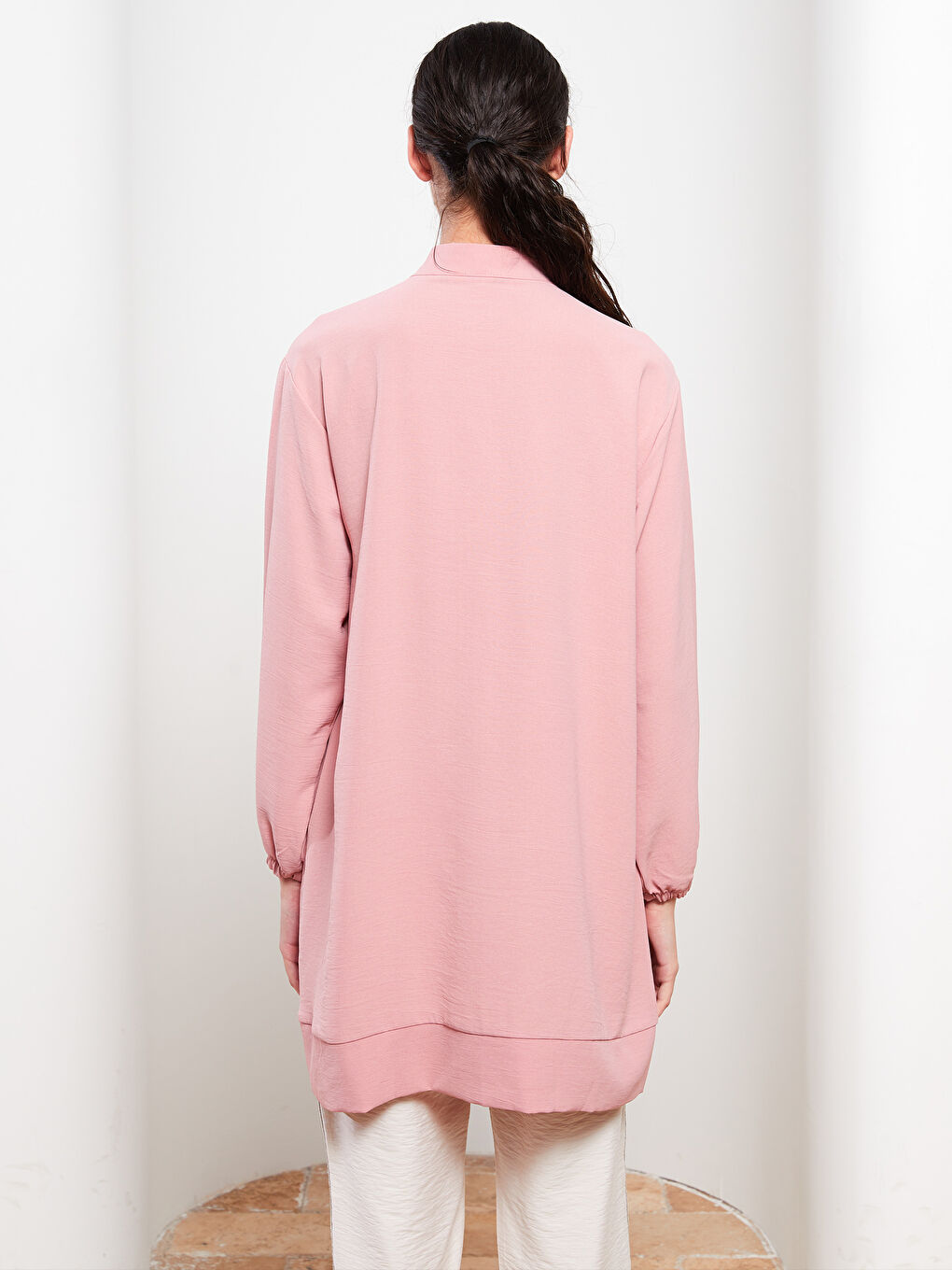 Pembe Hakim Yaka Düz Uzun Kollu Kadın Tunik-4