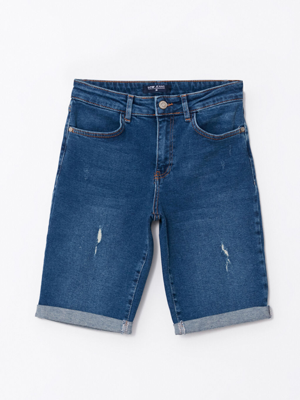 İndigo Yüksek Bel Standart Fit Düz Cep Detaylı Kadın Jean Şort-5