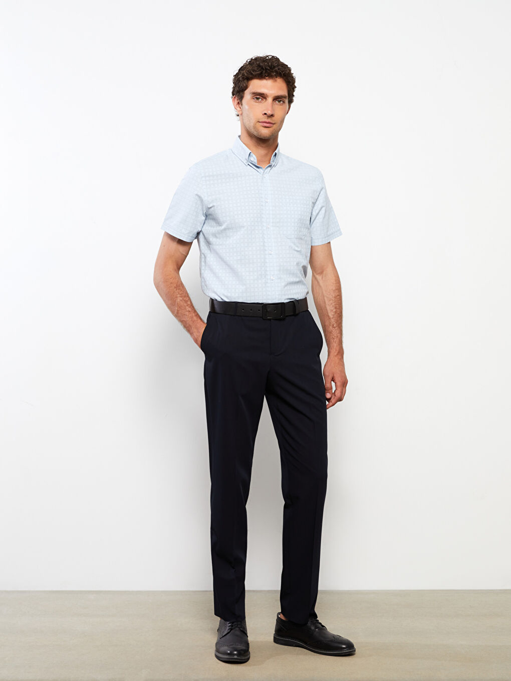 Mavi Regular Fit Kısa Kollu Ekose Armürlü Erkek Gömlek