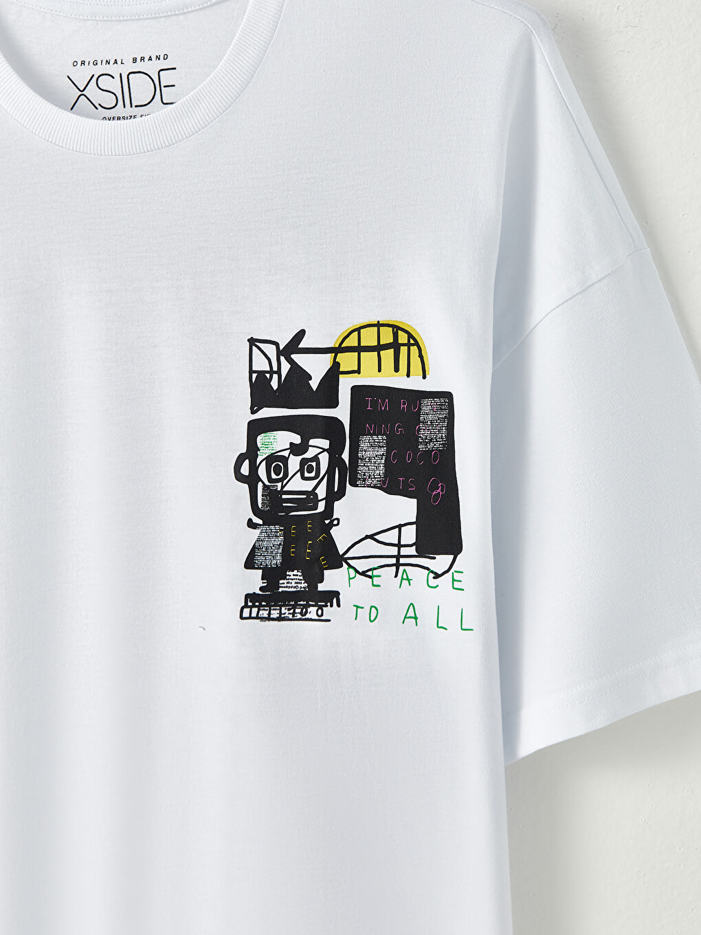 Beyaz Oversize Bisiklet Yaka Kısa Kollu Baskılı Penye Erkek Tişört-2