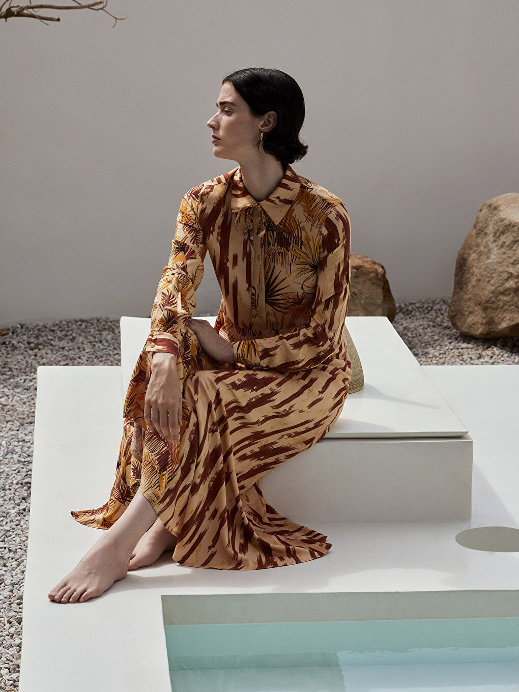 Turuncu Gömlek Yaka Desenli Uzun Kollu Viskon Kadın Elbise