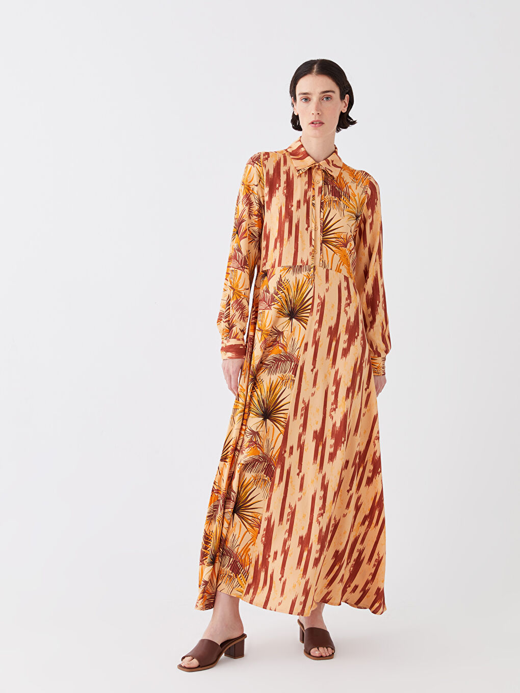 Turuncu Gömlek Yaka Desenli Uzun Kollu Viskon Kadın Elbise-1