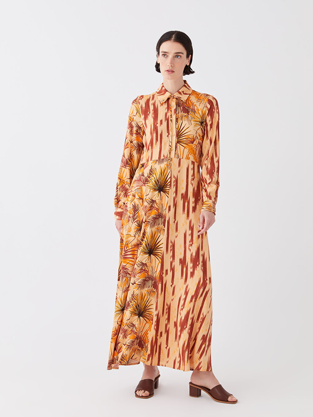 Turuncu Gömlek Yaka Desenli Uzun Kollu Viskon Kadın Elbise-2