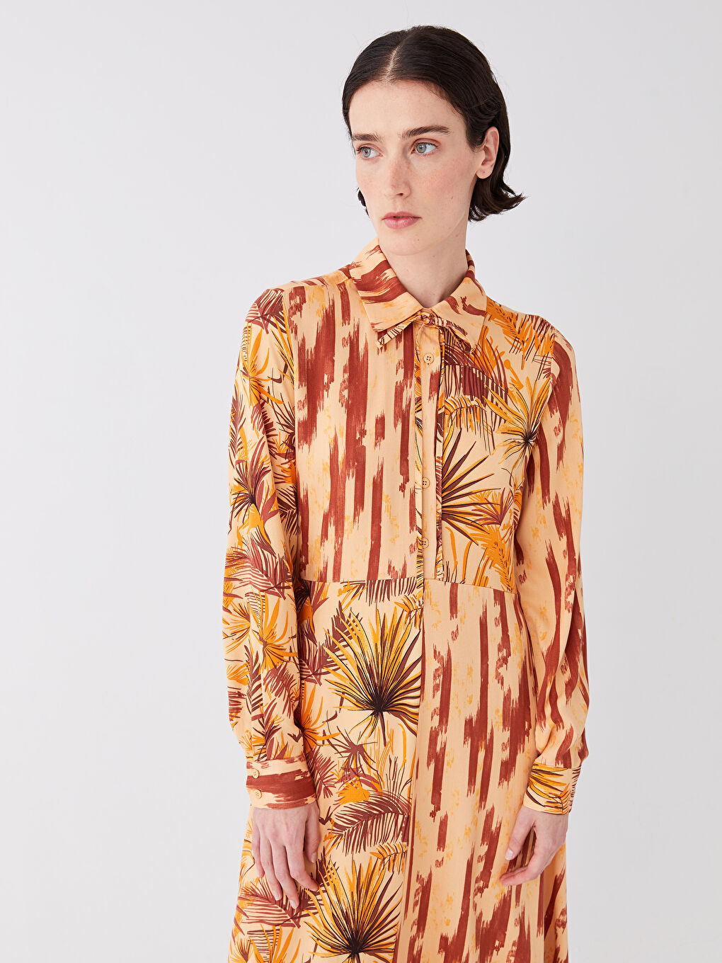 Turuncu Gömlek Yaka Desenli Uzun Kollu Viskon Kadın Elbise-3