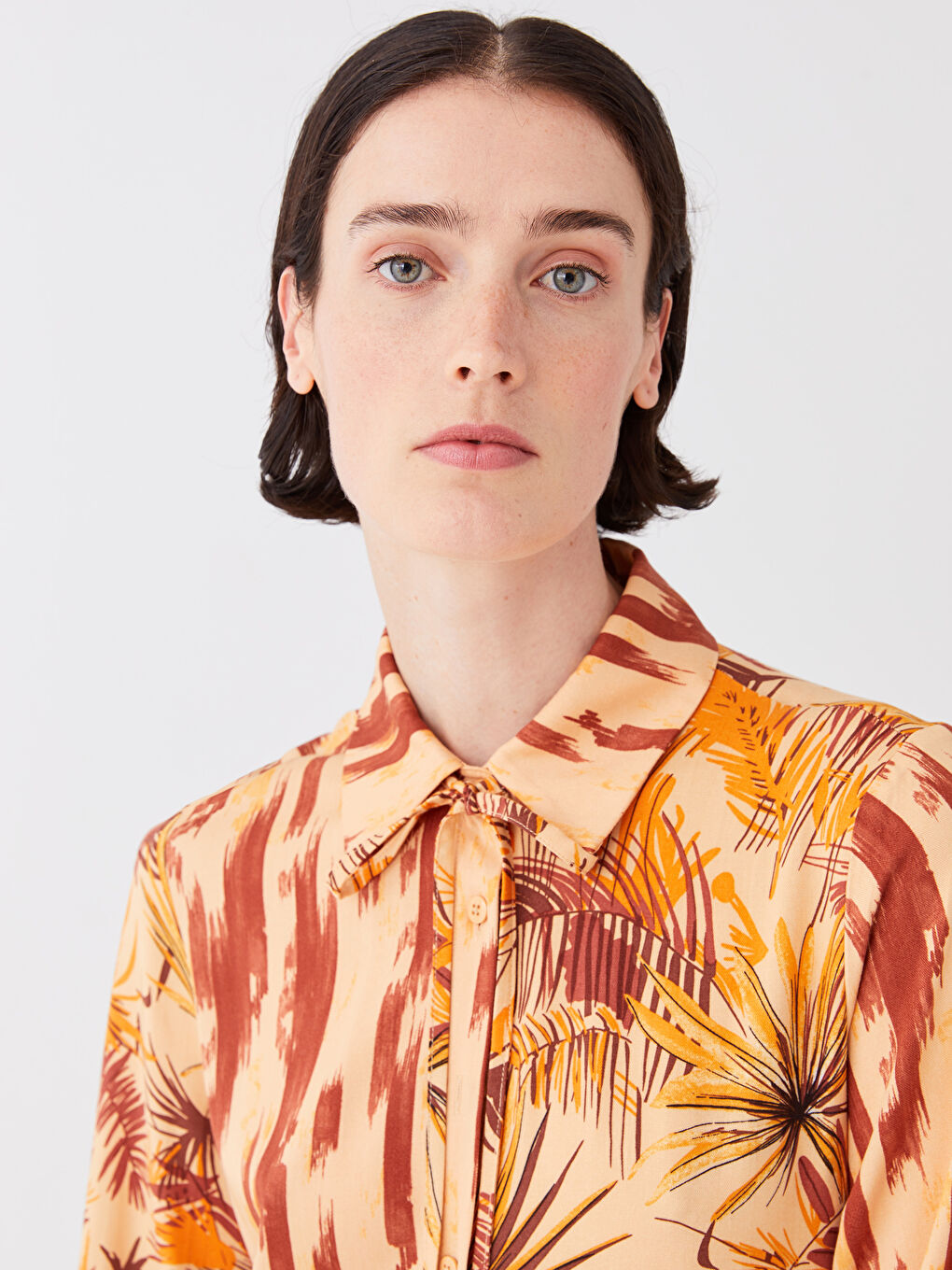 Turuncu Gömlek Yaka Desenli Uzun Kollu Viskon Kadın Elbise-4