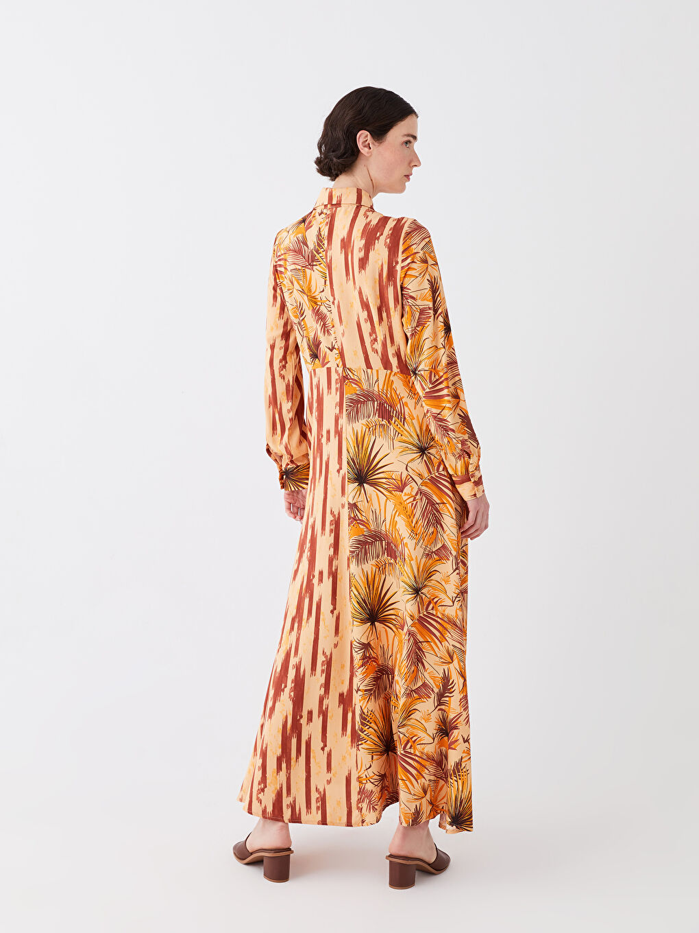 Turuncu Gömlek Yaka Desenli Uzun Kollu Viskon Kadın Elbise-6