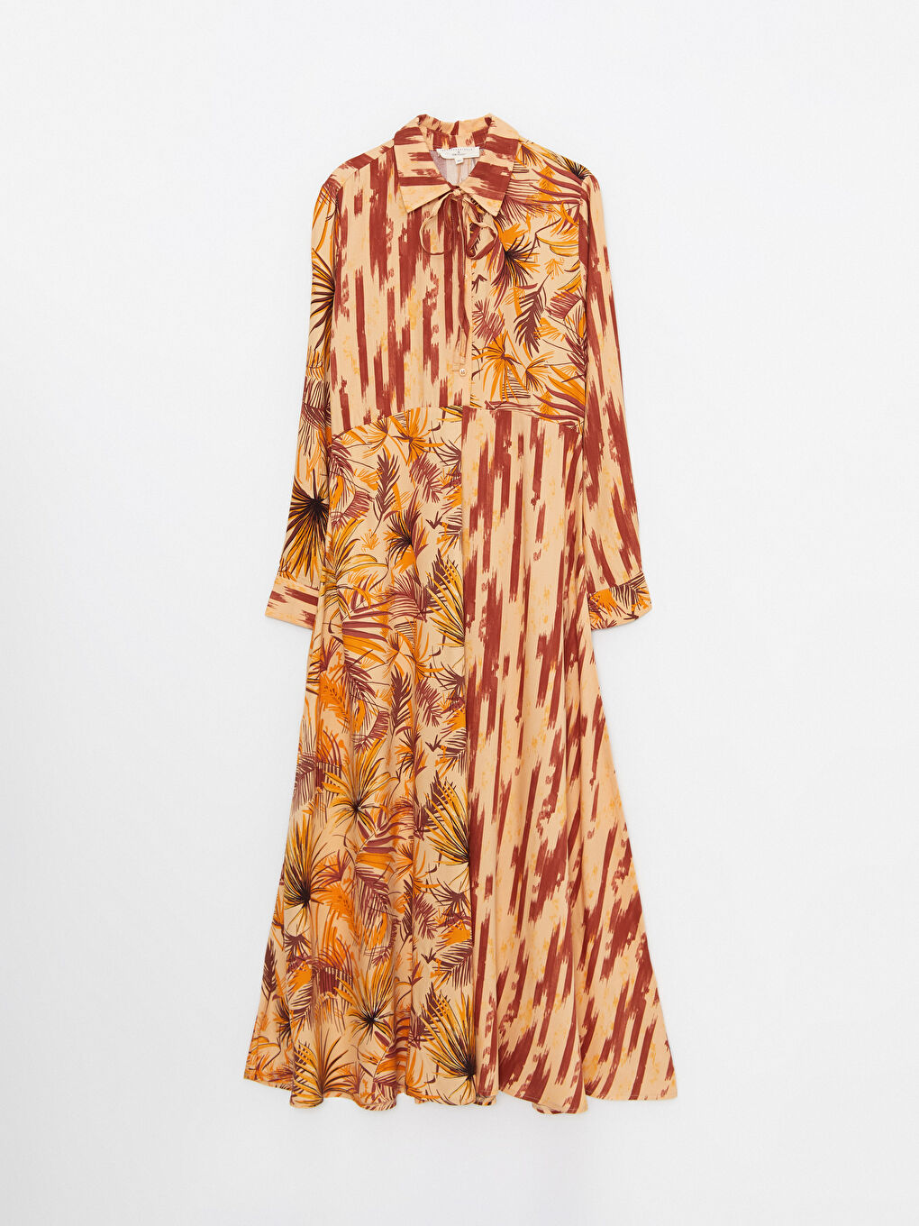 Turuncu Gömlek Yaka Desenli Uzun Kollu Viskon Kadın Elbise-7