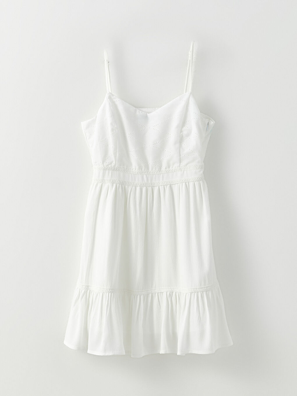 Beyaz V Yaka Askılı Nakışlı Kadın Elbise-5