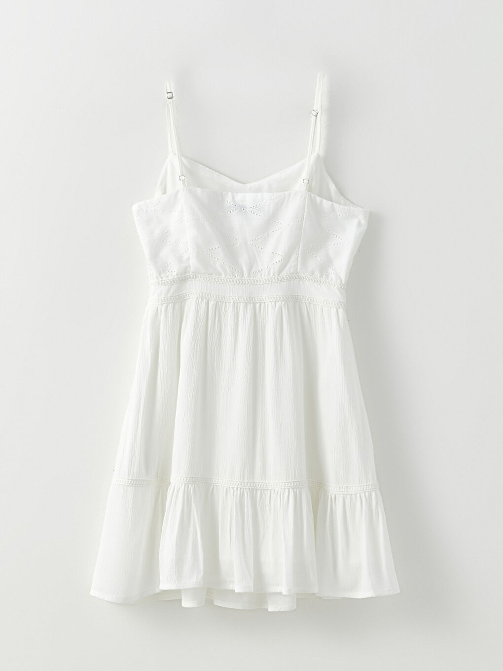 Beyaz V Yaka Askılı Nakışlı Kadın Elbise-6