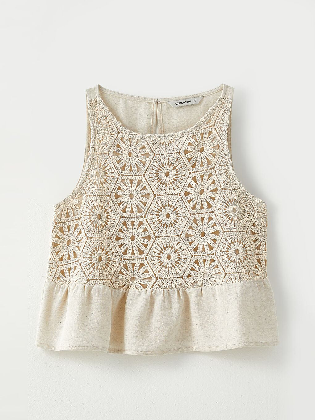 Bej Bisiklet Yaka Nakışlı Kadın Kroşe Bluz-5