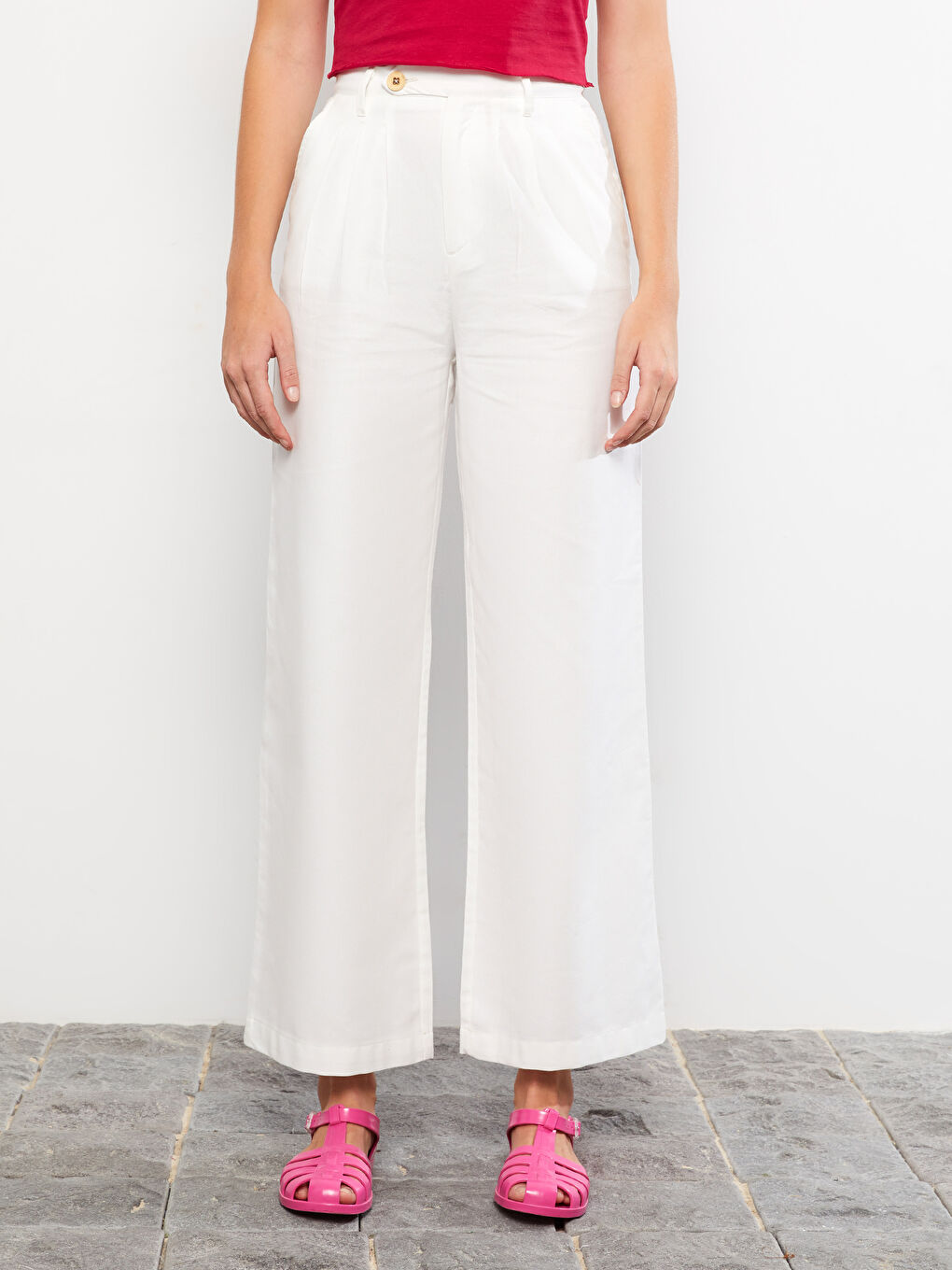 Beyaz Normal Bel Standart Fit Düz Pamuklu Kadın Pantolon-2