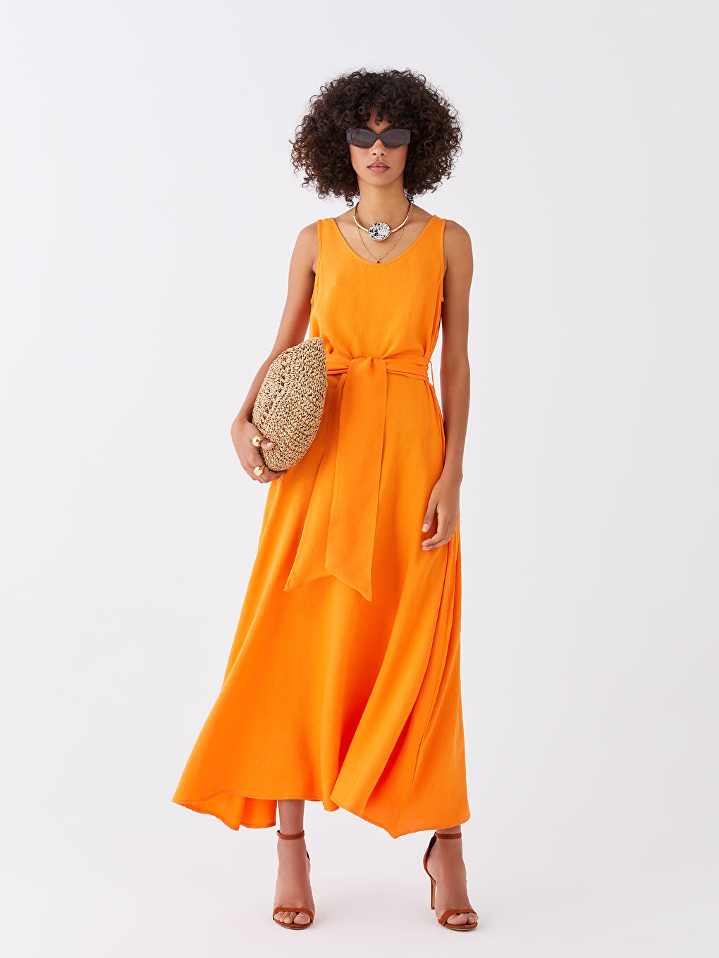 Turuncu Kadın U Yaka Düz Kolsuz Elbise