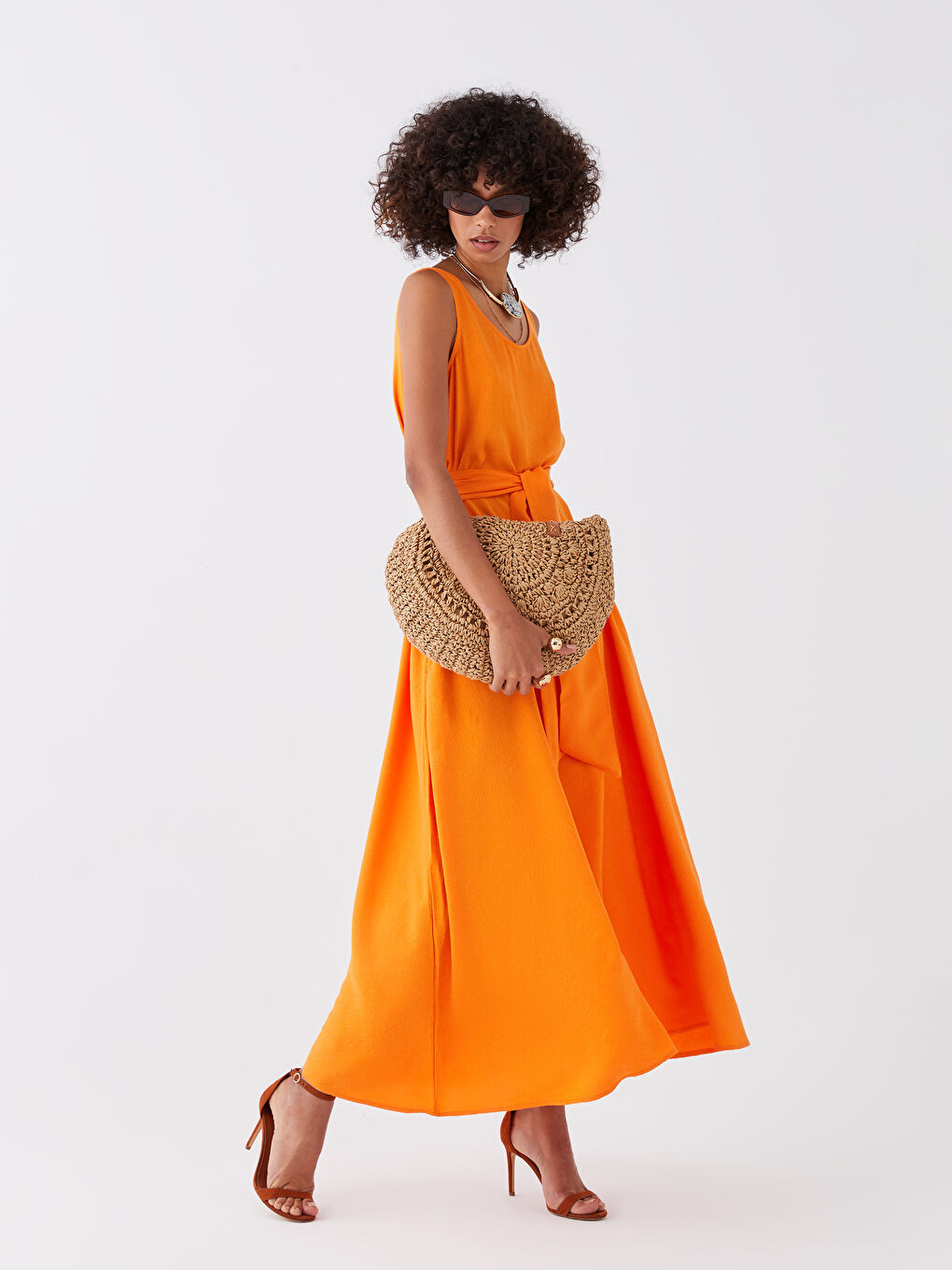 Turuncu Kadın U Yaka Düz Kolsuz Elbise-1