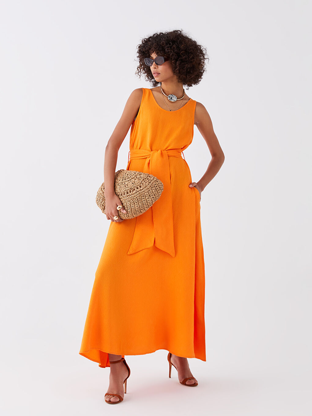 Turuncu Kadın U Yaka Düz Kolsuz Elbise-2