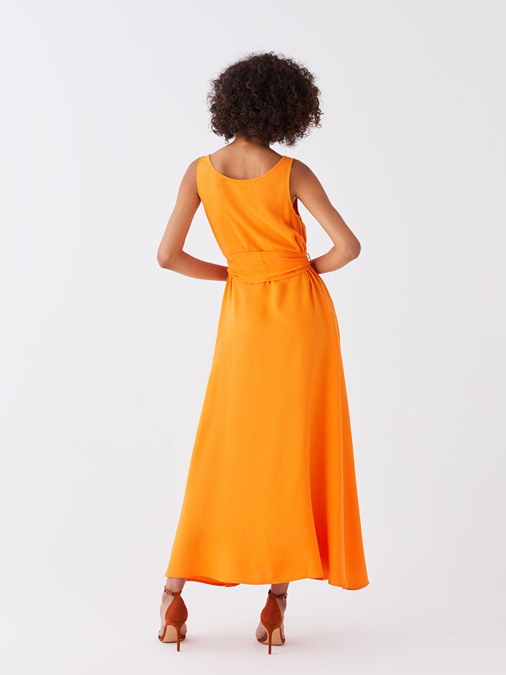Turuncu Kadın U Yaka Düz Kolsuz Elbise-7