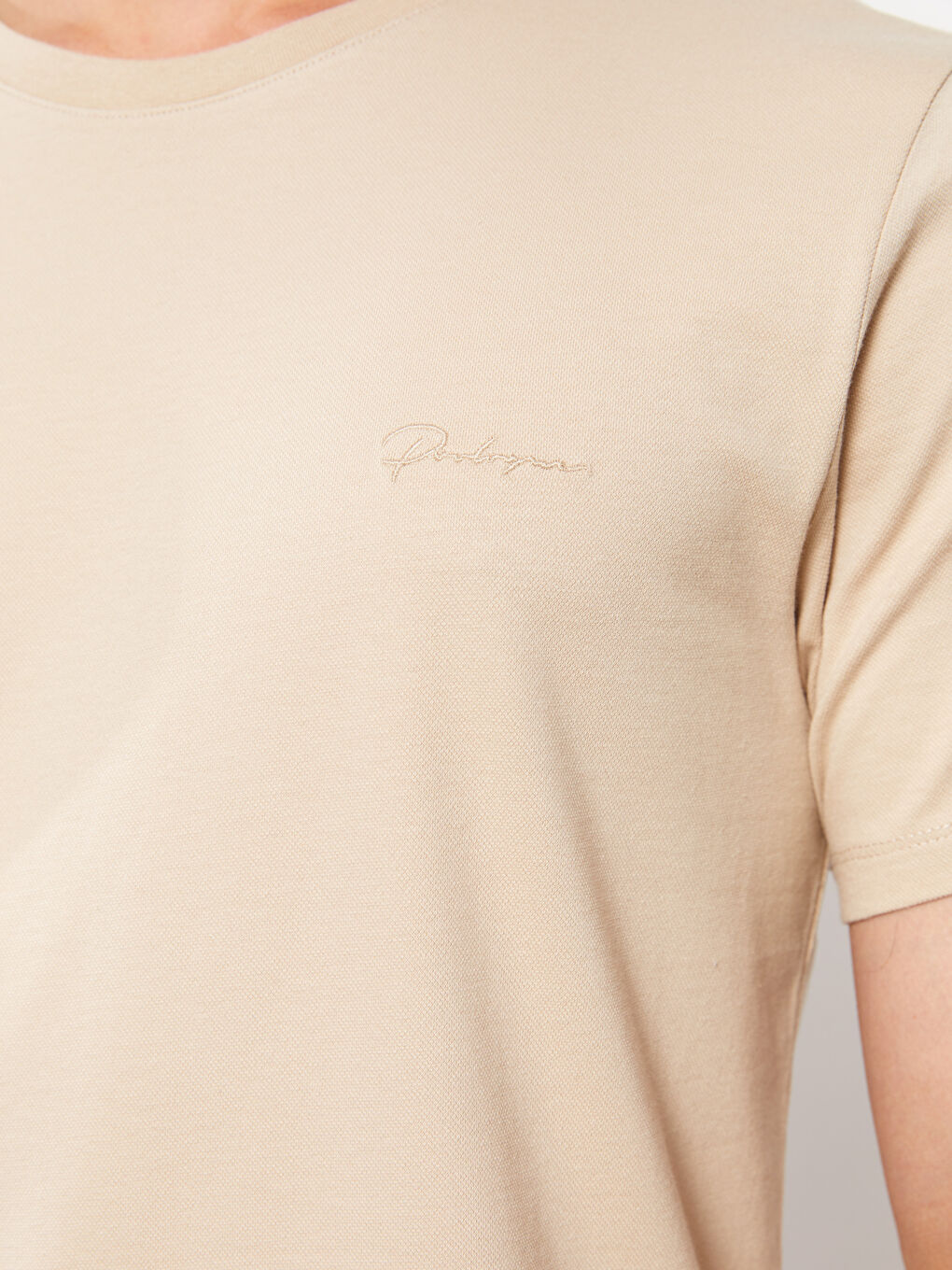 Bej Bisiklet Yaka Kısa Kollu Nakışlı Penye Erkek Tişört-3