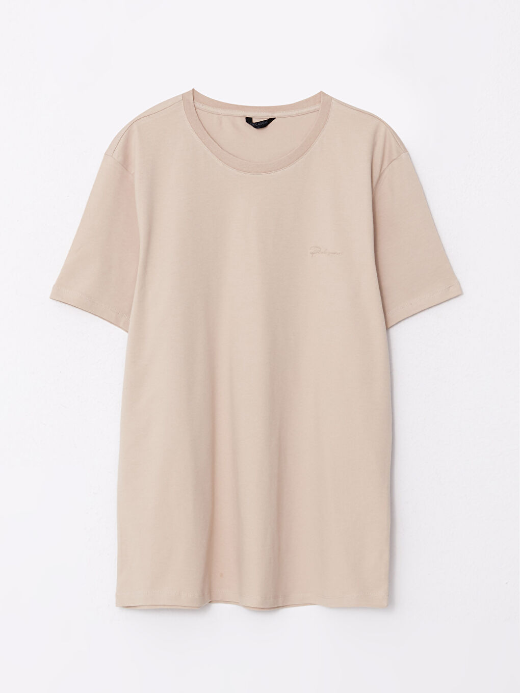 Bej Bisiklet Yaka Kısa Kollu Nakışlı Penye Erkek Tişört-5