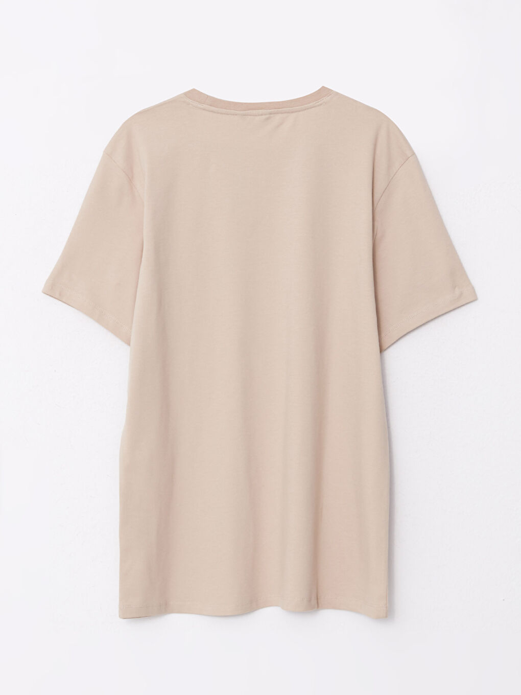 Bej Bisiklet Yaka Kısa Kollu Nakışlı Penye Erkek Tişört-6