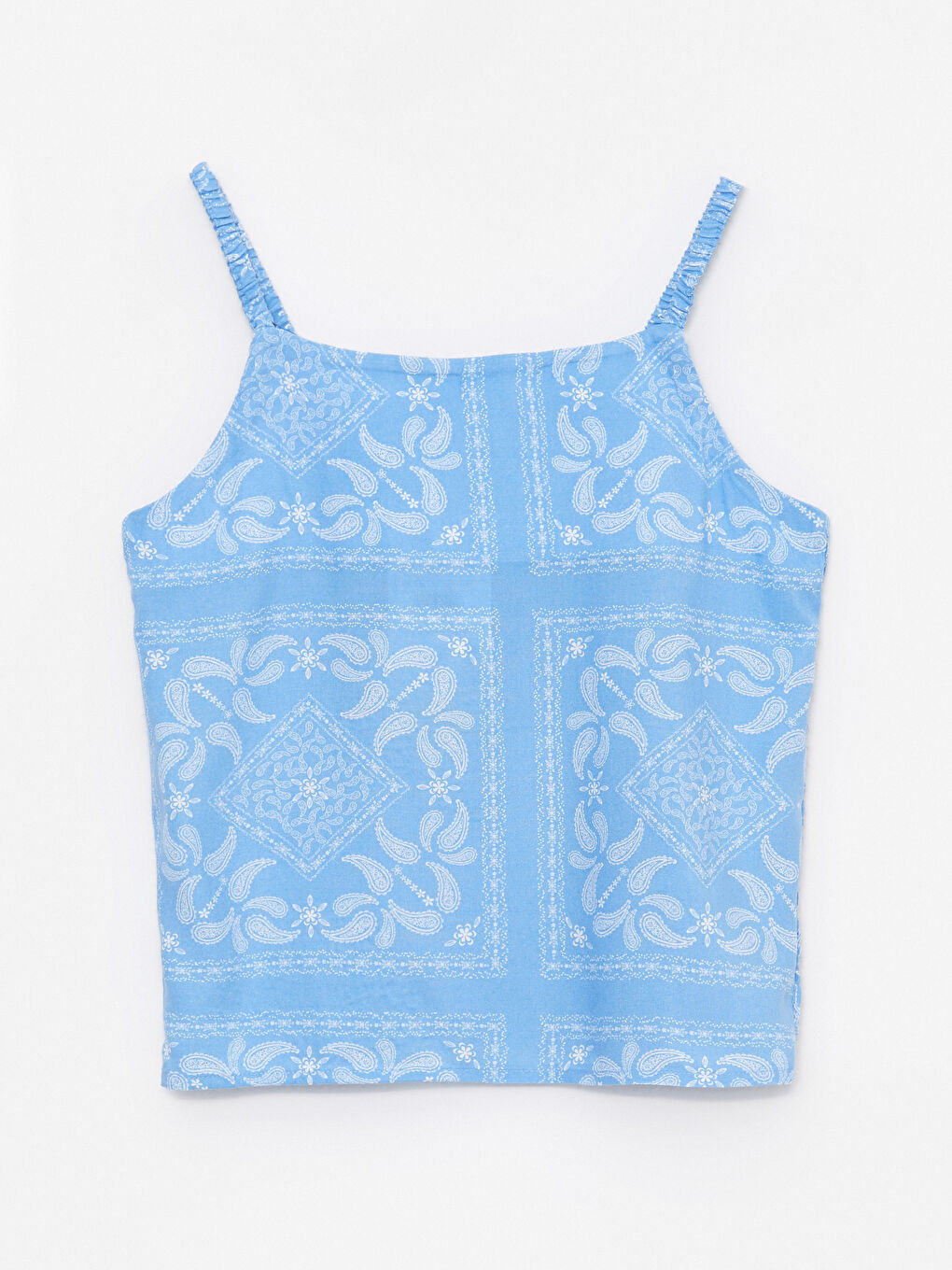 Mavi Kare Yaka Desenli Askılı Viskon Kız Çocuk Bluz