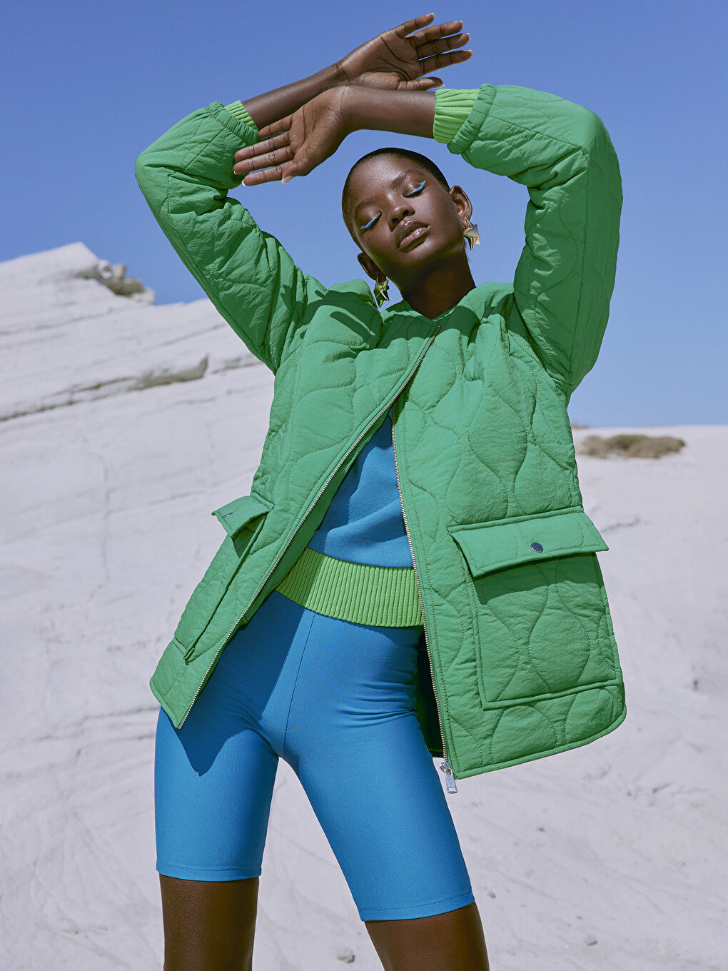 Yeşil Bisiklet Yaka Kendinden Desenli Kadın Şişme Mont