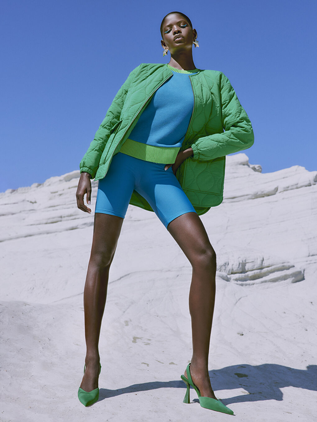 Yeşil Bisiklet Yaka Kendinden Desenli Kadın Şişme Mont-1