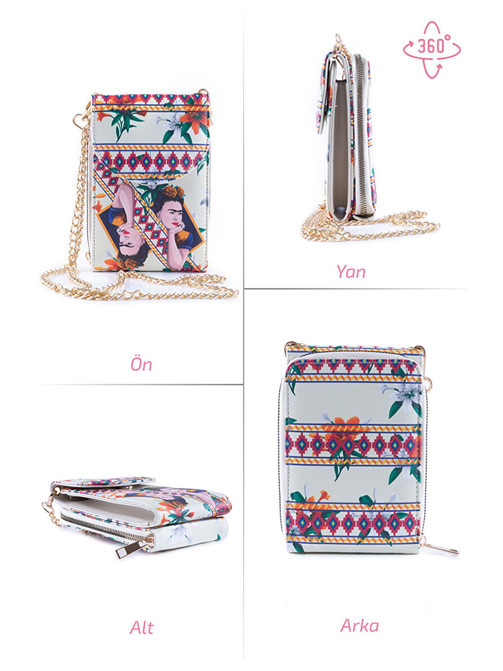 Ekru Kadın Frida Kahlo Telefonluk Çanta Cüzdan 18x11 cm-2