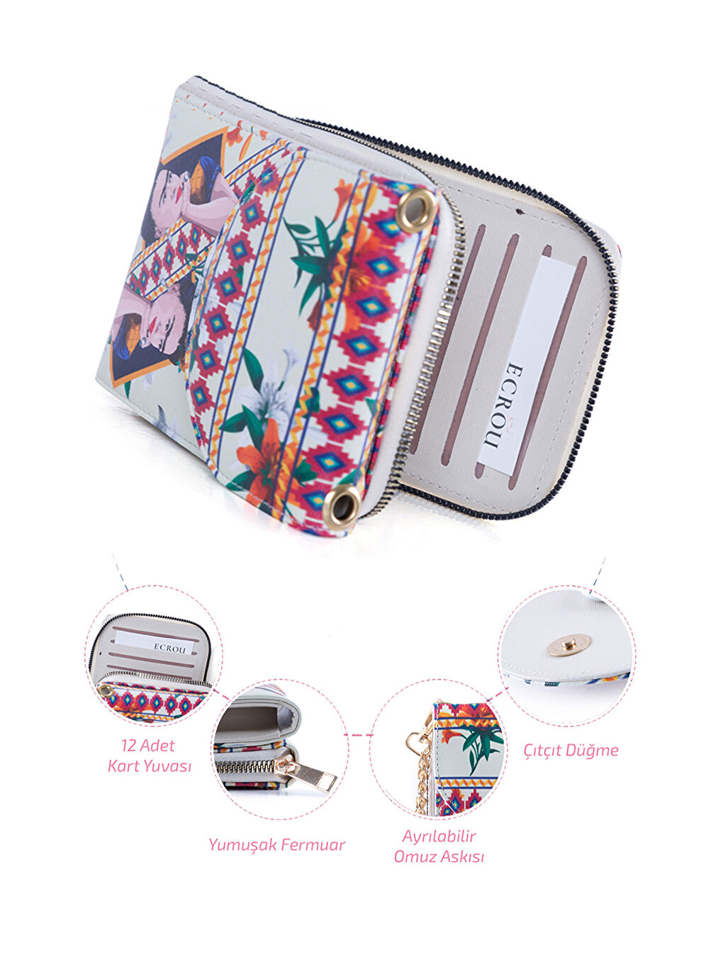 Ekru Kadın Frida Kahlo Telefonluk Çanta Cüzdan 18x11 cm-3