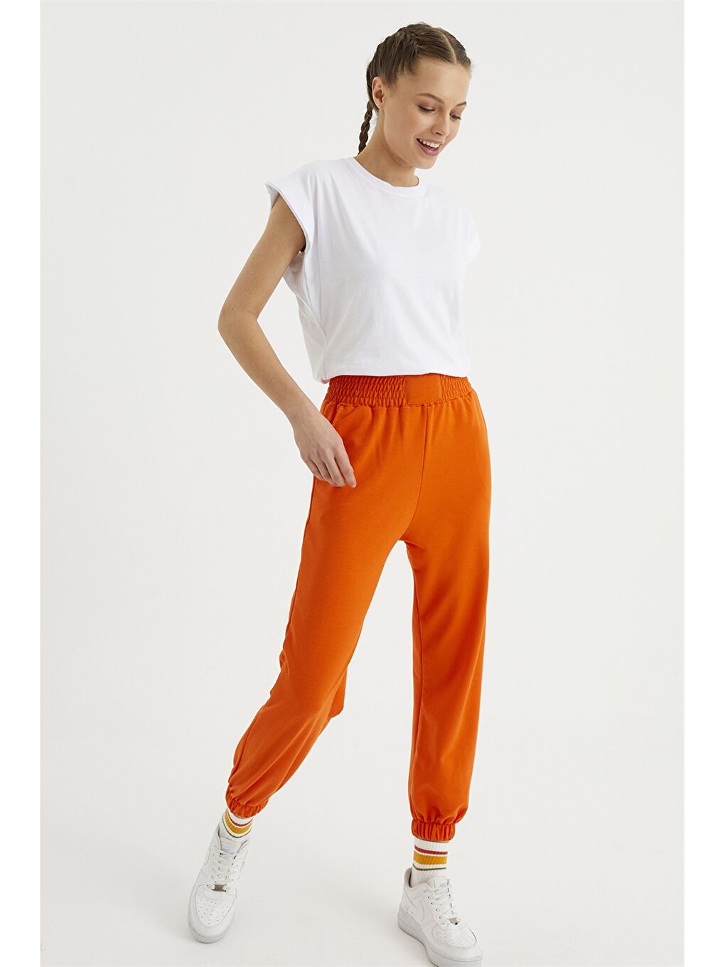 Turuncu Kadın Beli Lastikli Düz Jogger Eşofman Altı