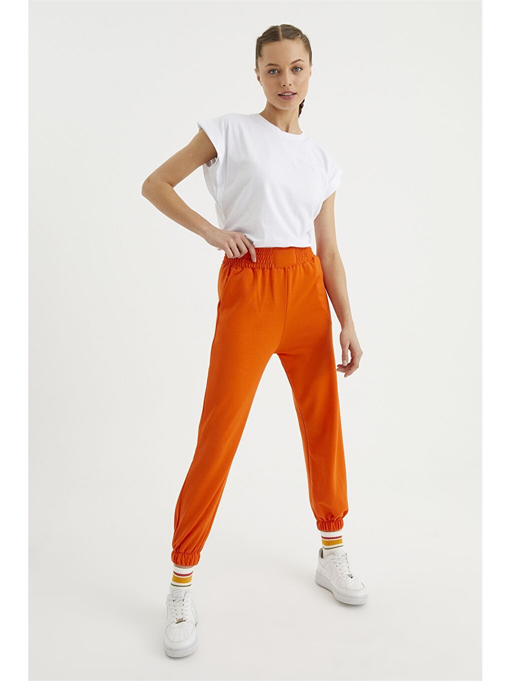 Turuncu Kadın Beli Lastikli Düz Jogger Eşofman Altı-1