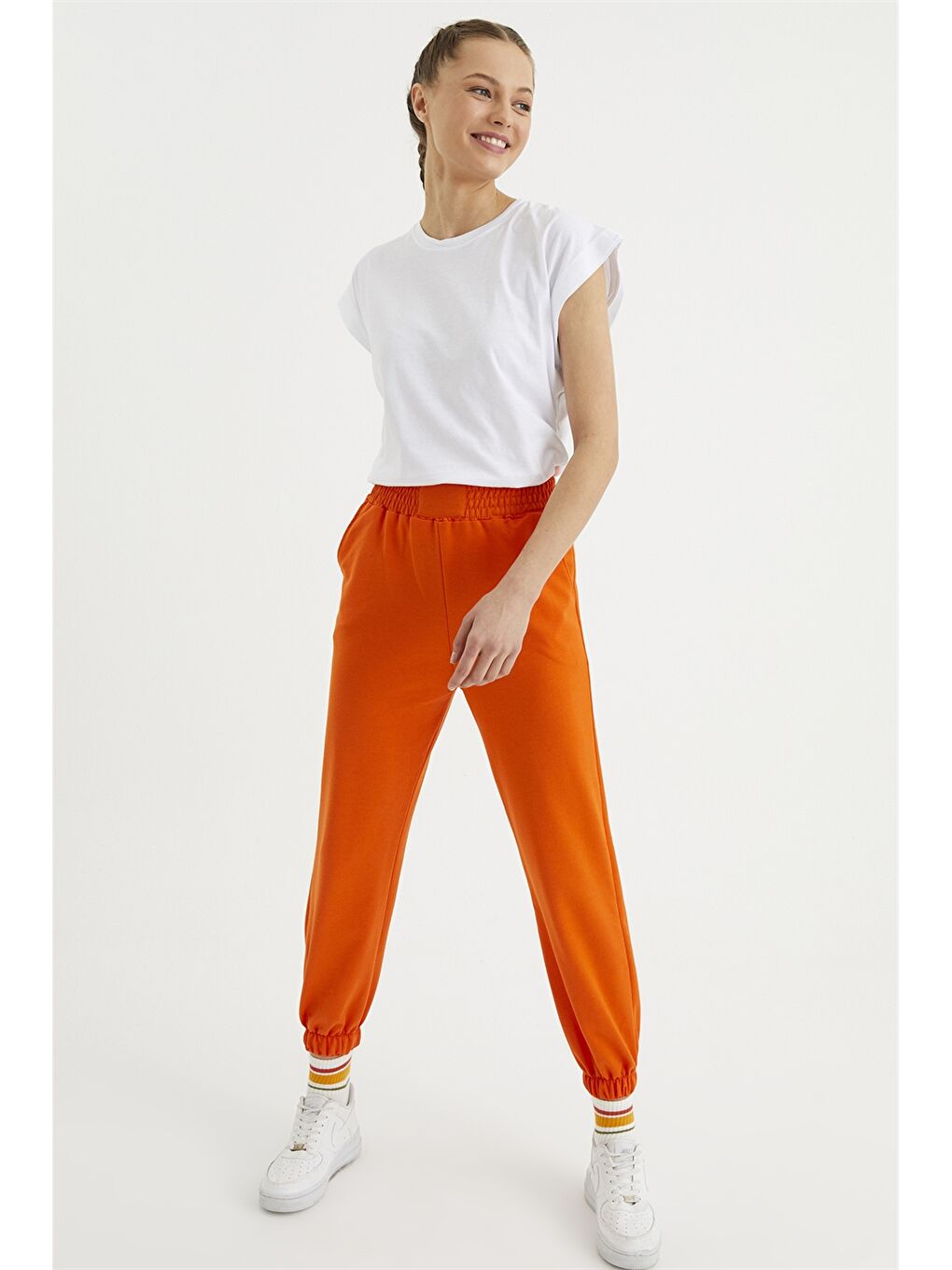 Turuncu Kadın Beli Lastikli Düz Jogger Eşofman Altı-2